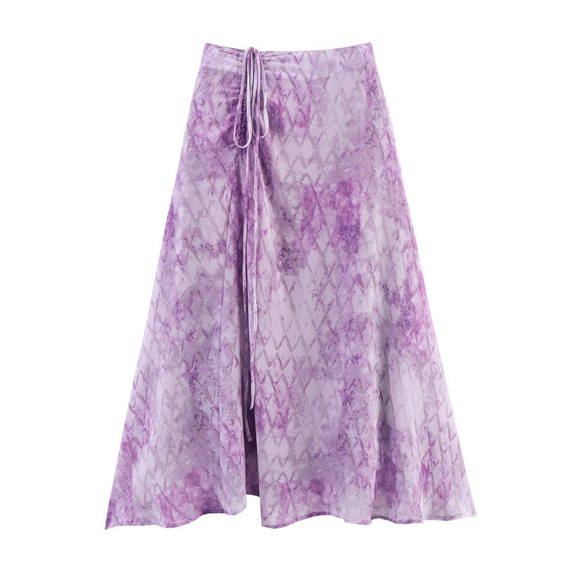 Summer New Blooming Printed Pull-Belt Chiffon Irregular Skirt
