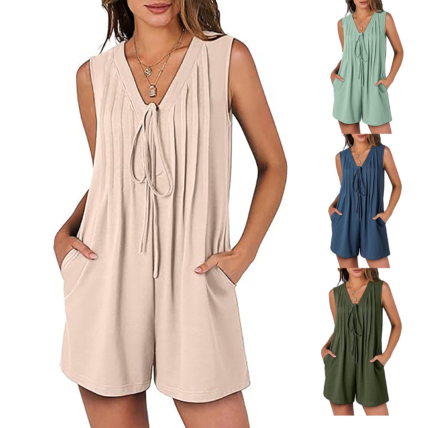 Summer Loose Sleeveless Pleated Front-tie V-neck Short Jumpsuit With Pockets