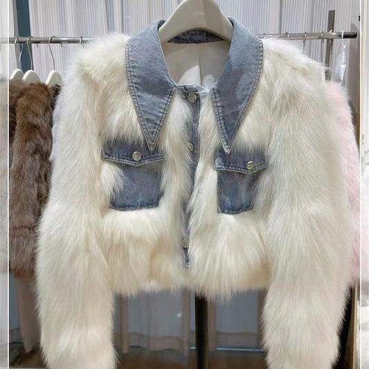 Womens Denim Patchwork Faux Fur Short Coat