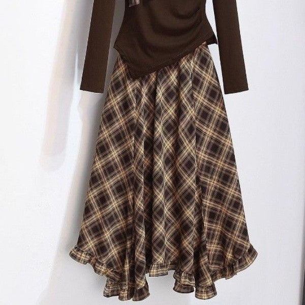 Irregular-shoulder Long-sleeve Top With A Plaid Skirt