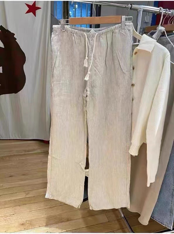 Cotton And Linen High Waist Loose Striped Lace-up Elastic Waist Wide Leg Pants