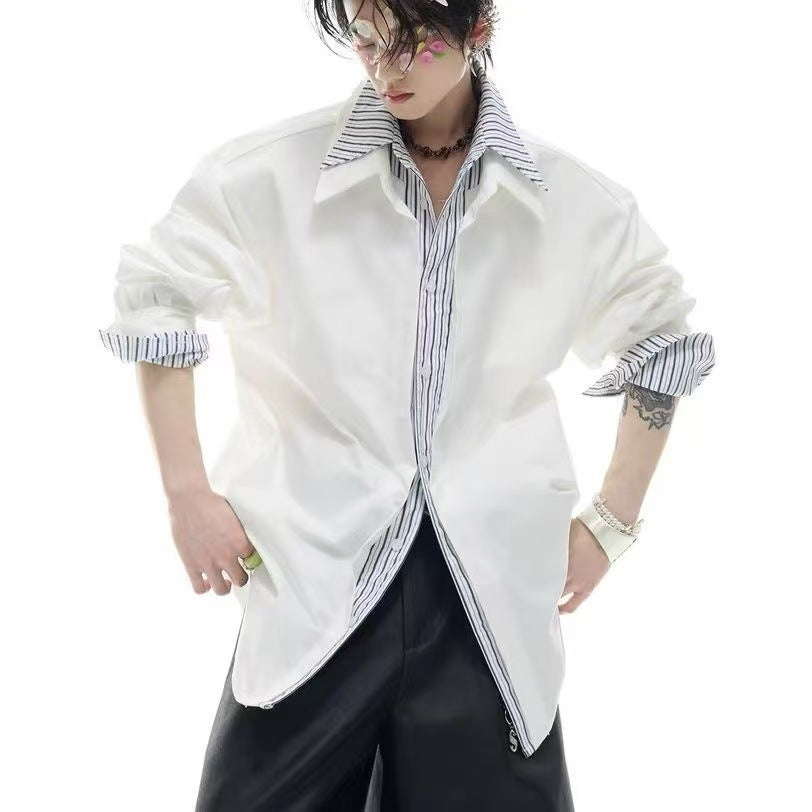 Rare Striped Contrast-color Shirt Mock Two-piece Patchwork-design Top