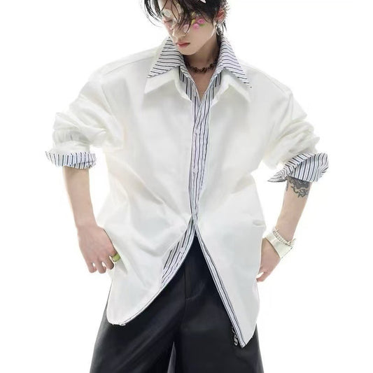 Rare Striped Contrast-color Shirt Mock Two-piece Patchwork-design Top