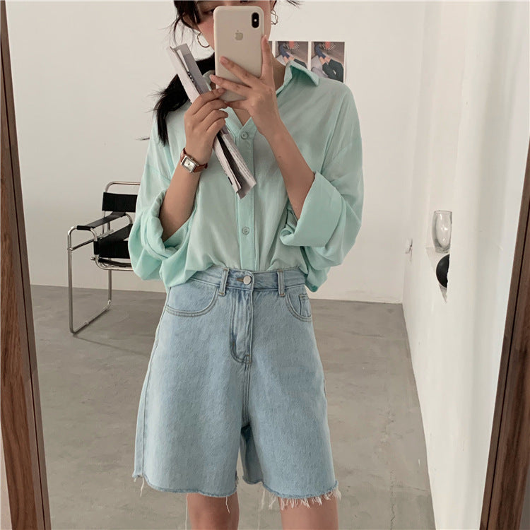 High-waisted Wide-leg Denim Shorts With Raw Edges