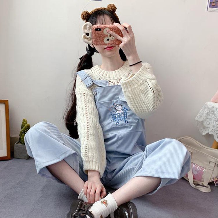 Korean Student Girl Corduroy Overalls Shopping Cart Embroidery Straight Leg Casual Trousers Women