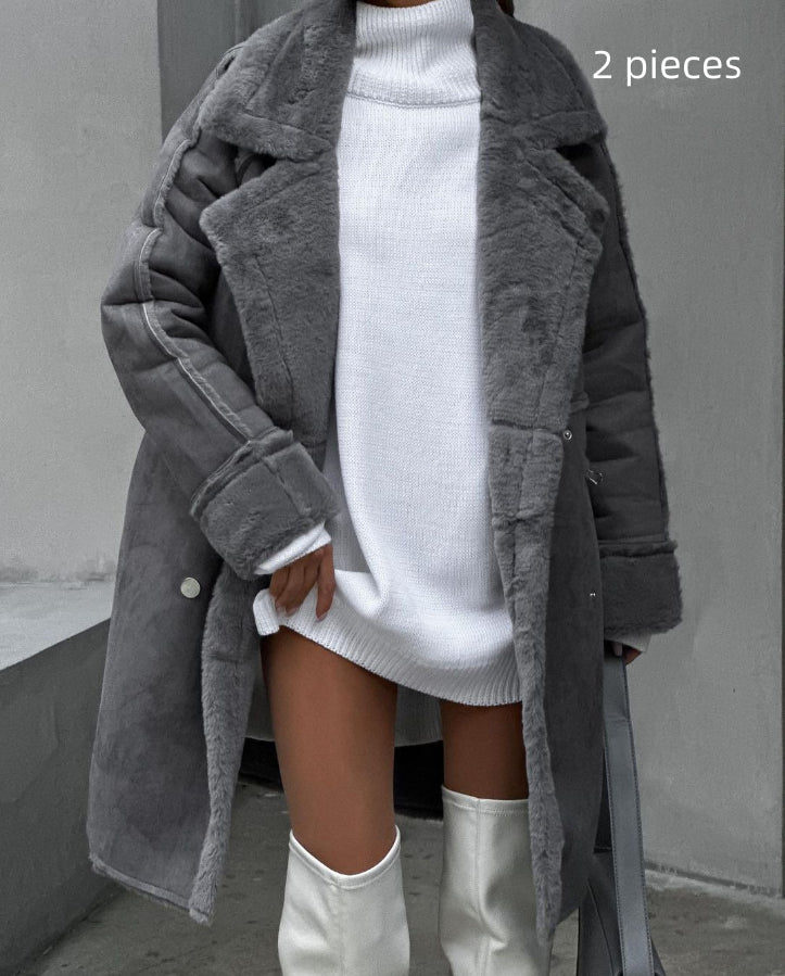 Suede Coat Suit Collar Long Cardigan Long Sleeve Plush Coat