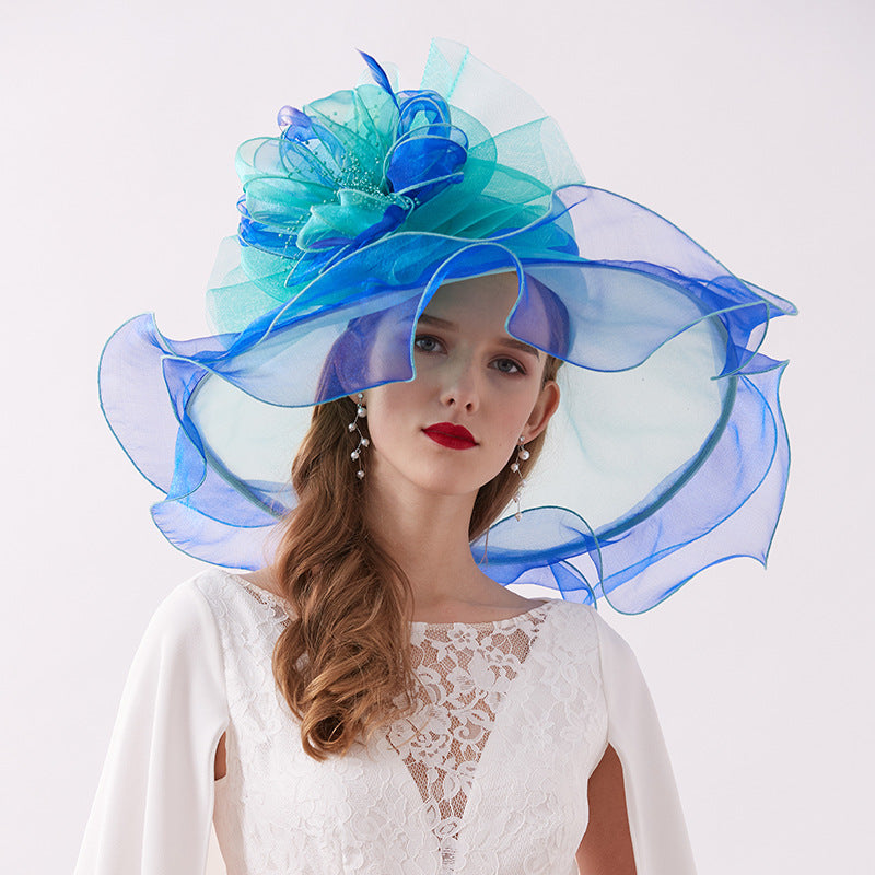 Detachable Head Floral Organza Rolled Edge Embroidered Brimmed Hat Vintage