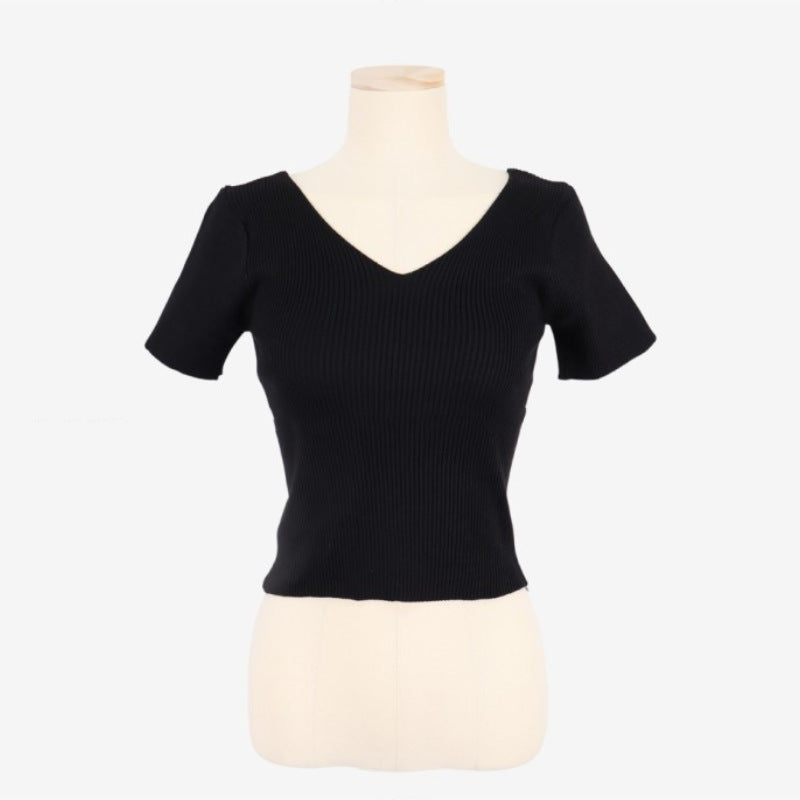 Women's Summer V-neck Bright Short Sweater Slim Fit Chest All-matching Short Sleeve T-shirt Top