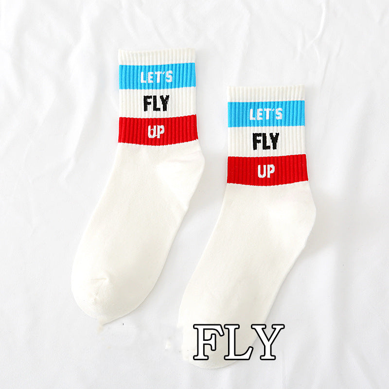 Spring And Autumn Ladies New Mid-calf English Letters Wide Stripe Combination Ins Trend Athletic Socks Combed Cotton Women's Socks Manufacturer