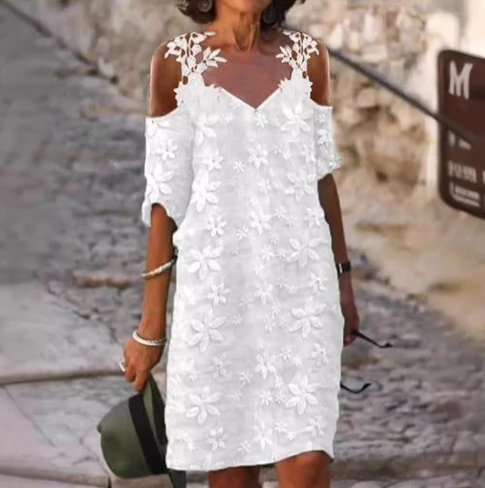 Womens V-Neck Lace Slip Dress With Patchwork Embroidery