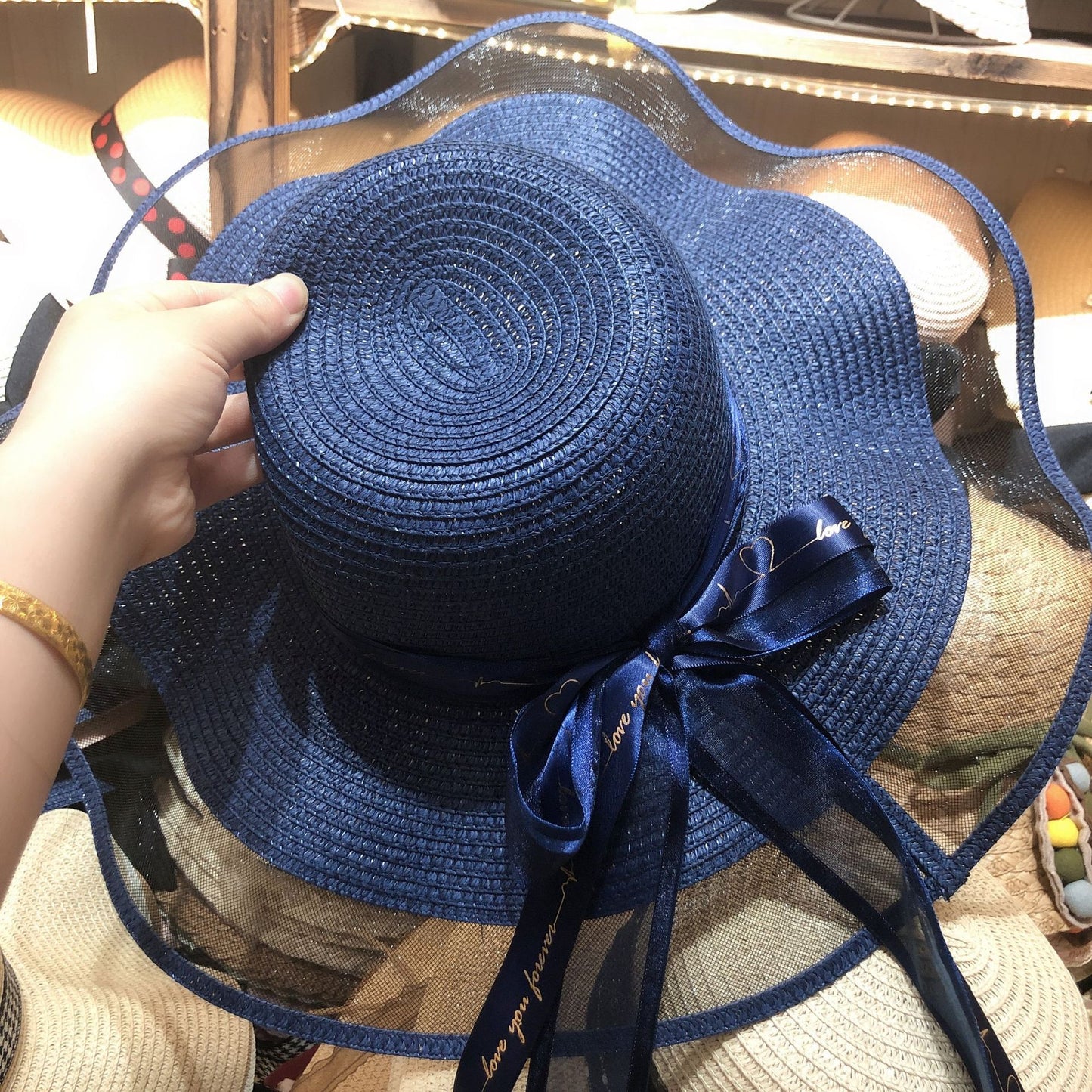 Women's Korean Version Letter Bow Streamer Romantic Mesh Sun Hat
