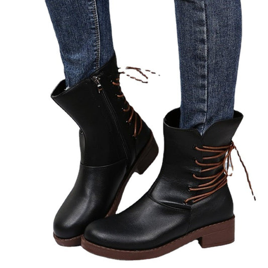 Women's New European And American Style Retro Lace-up Rivet Thick Heel Women's Boots