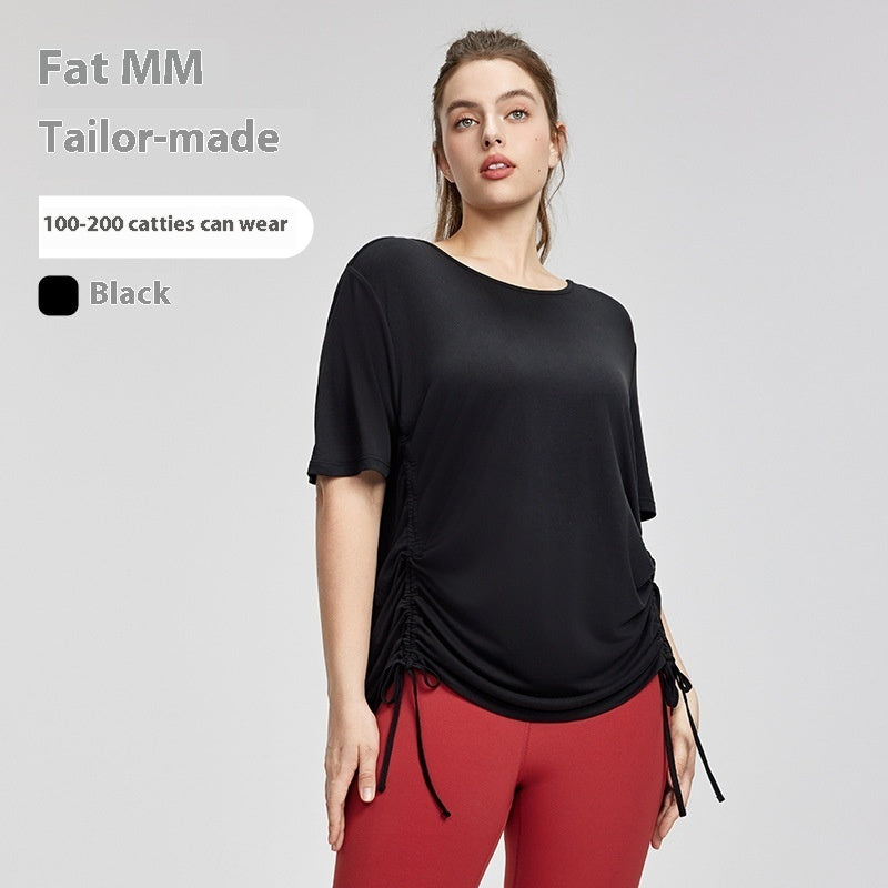 Plus Size Short-sleeved T-shirt Women's Adjustable Drawstring Sports Blouse