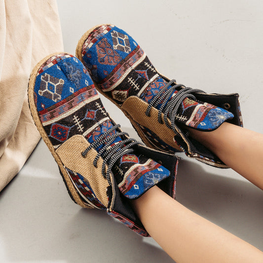 New High-top Linen Women's Shoes Lace-up Flanging Process