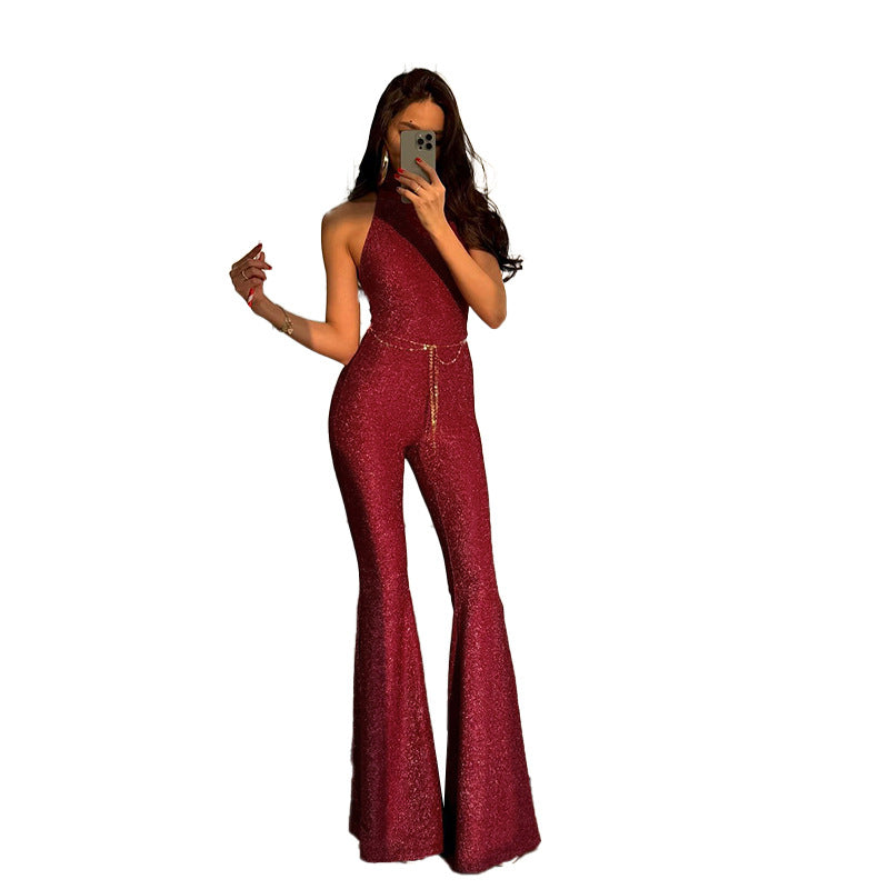 Shining Fashion Round Neck Sleeveless Flared High Waist Slimming Jumpsuit