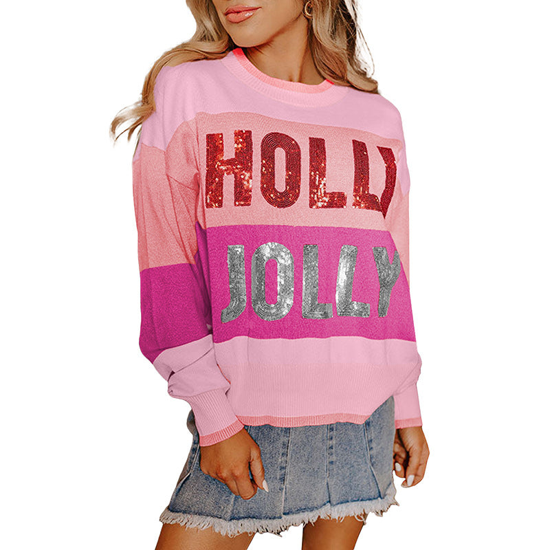 Women's Round Neck Alphabet Sequins Long-sleeved Top