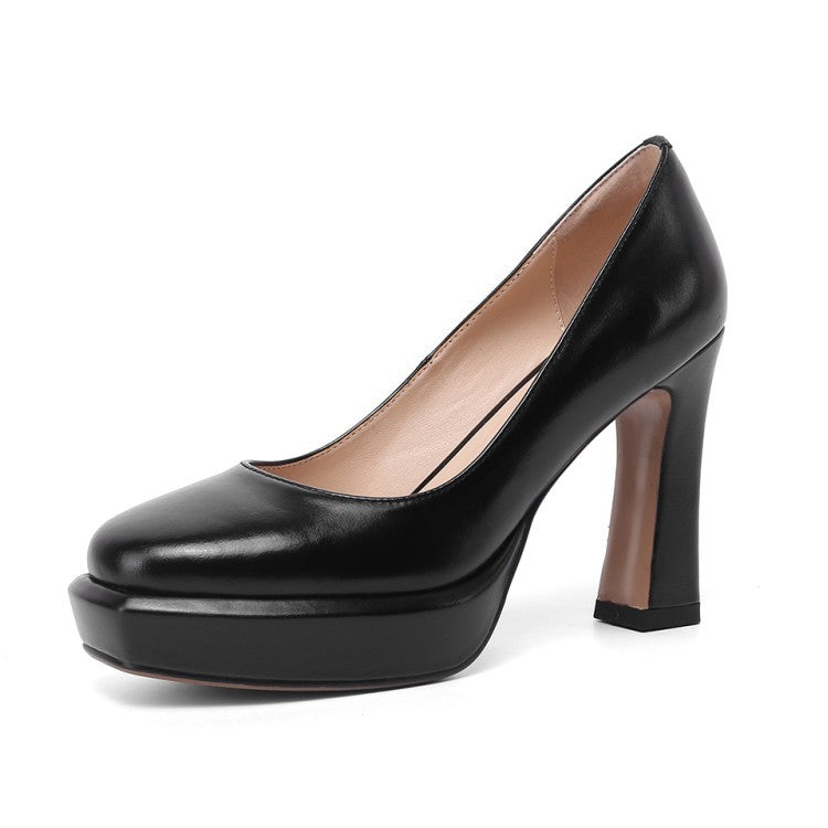 Horse Oil Leather Thick Heel Shoes