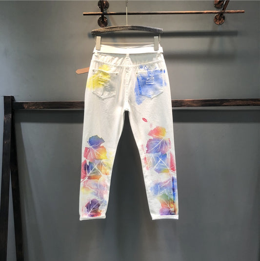 Dame Stretchede Blomsterprint Lige Jeans Blyantsbukser