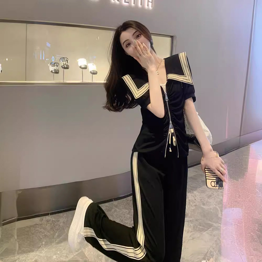 Women's Turn-down Collar Short Sleeve Slim-fit Wide-leg Pants Two-piece Set