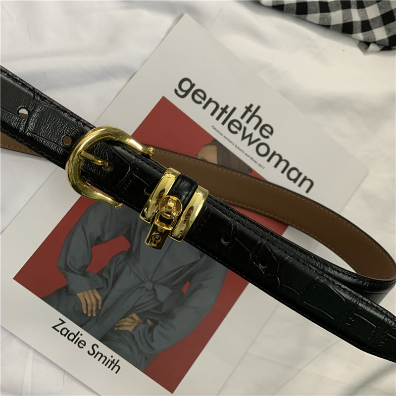 High-end Antique Gold Ins Niche Lock Pattern Leather  Cowhide Belt