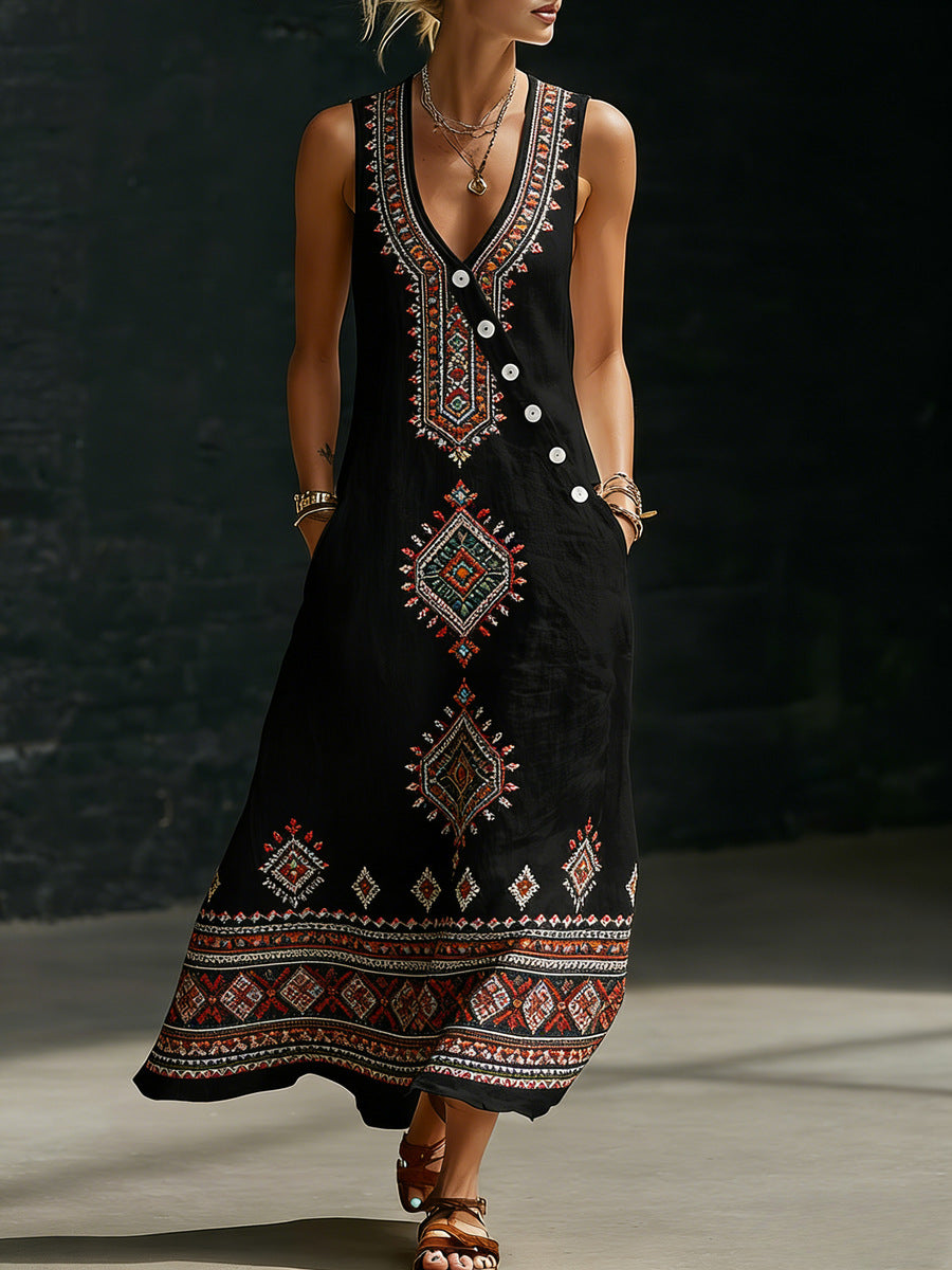 Womens Loose V-Neck Slant-Button Dress