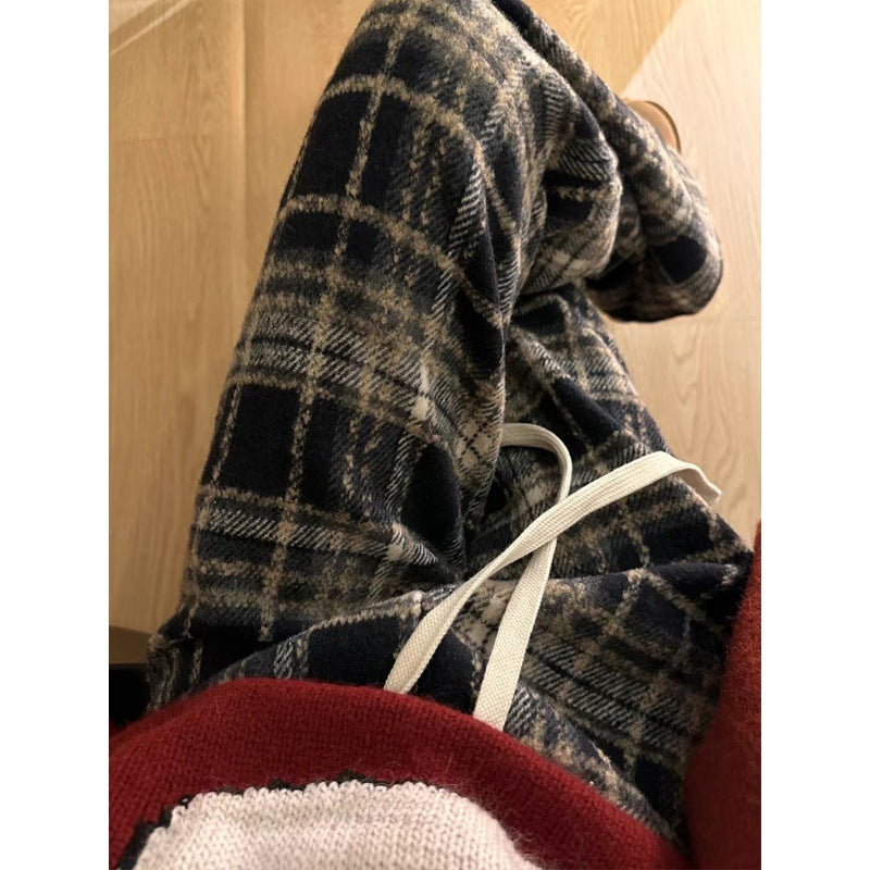 Christmas Red Wool Fleece-lined Lattice Loose Pants