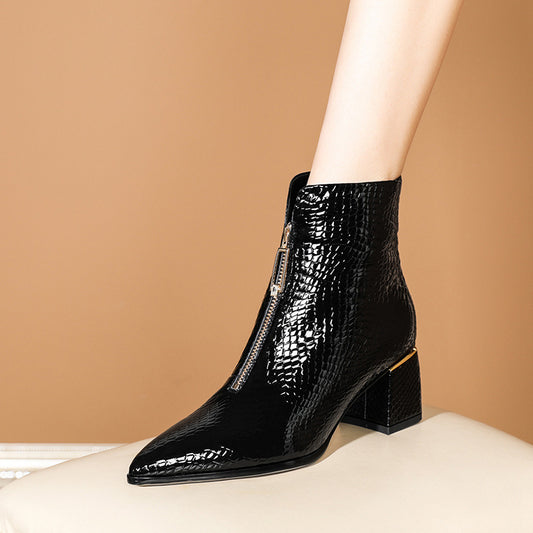 Women's Leather Thick Heel Pointed Toe Boots