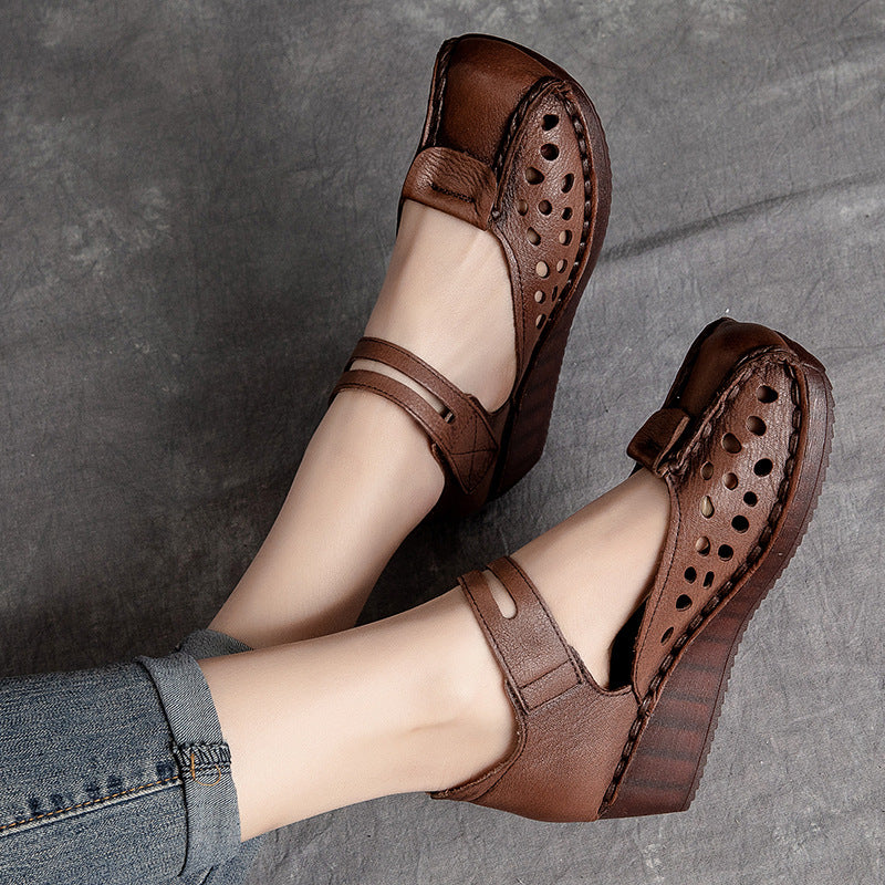 Slope Heel Comfortable Top Layer Cowhide Women's Shoes With Hollowed Out Toe Caps