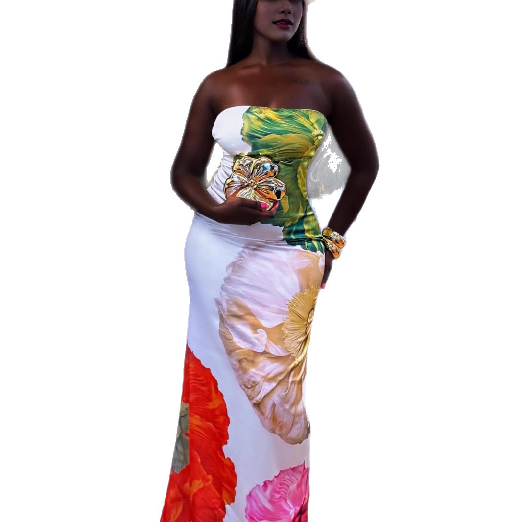 Womens Fashion Printed Tube Top Figure-hugging Hip-hugging Dress