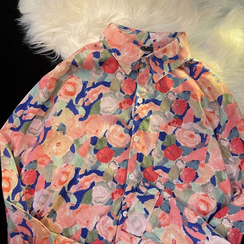 Hong Kong Style Printed Shirt Men's And Women's Loose Long Sleeves