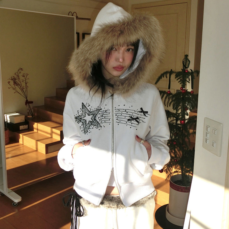 New Retro Fur Collar Stitching Zipper Sweater Cardigan