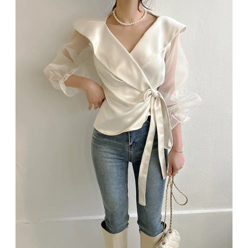 Womens V-neck Panelled Puff-Sleeve Bow-Tie-Neck Blouse