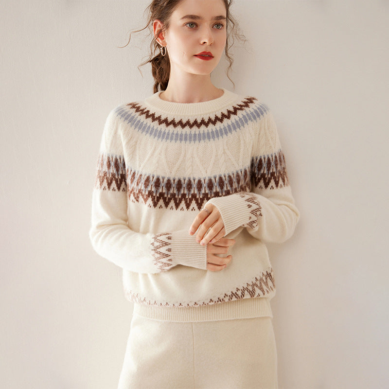 Blue And White Porcelain Contrasting Color Jacquard Cashmere Sweater