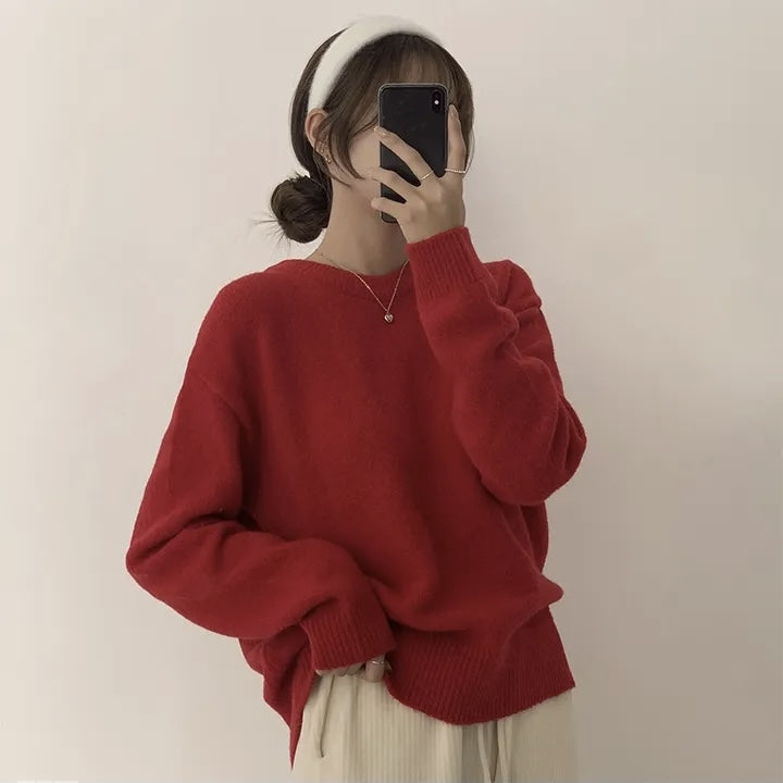 Red Sweater Round Neck Pullover Pure Color Minimal Versatile Sweater