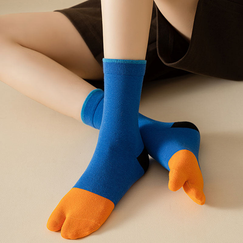 Women's Stitching Summer Thin Fashion Mid-calf Two-toe Socks