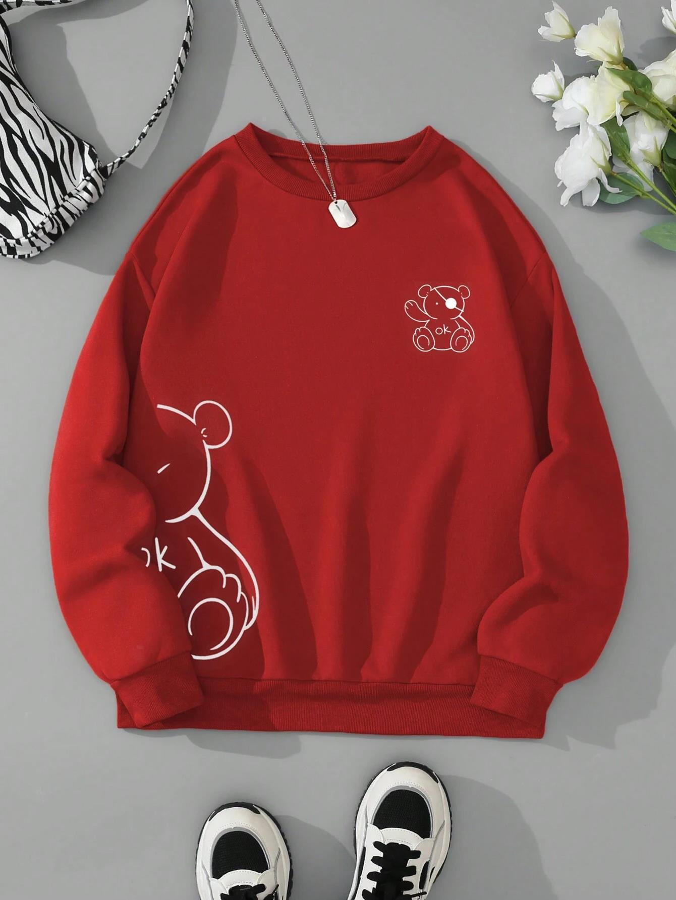 Kawaii OK Teddybjørn Tryk Sweatshirts Til Kvinder Klassisk