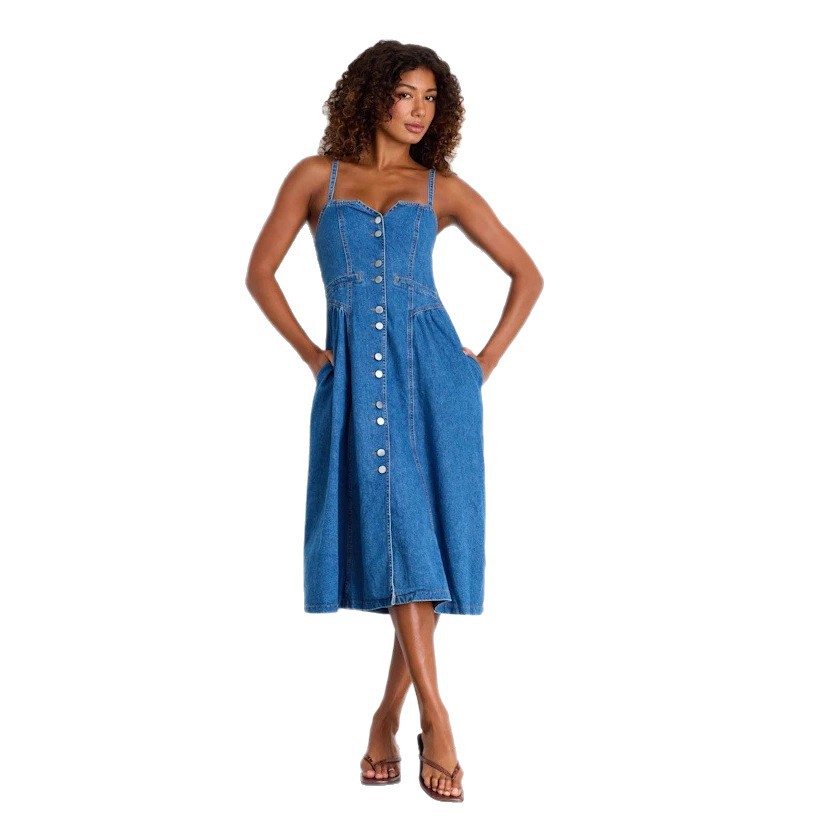 Retro V-neck Cardigan Denim Slip Dress Womens Clothing
