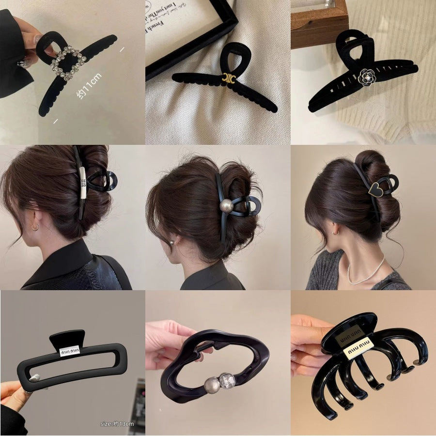 Large Black Hair Clip Back Of The Head Shark Style Headpiece With A Simple Flocked Design