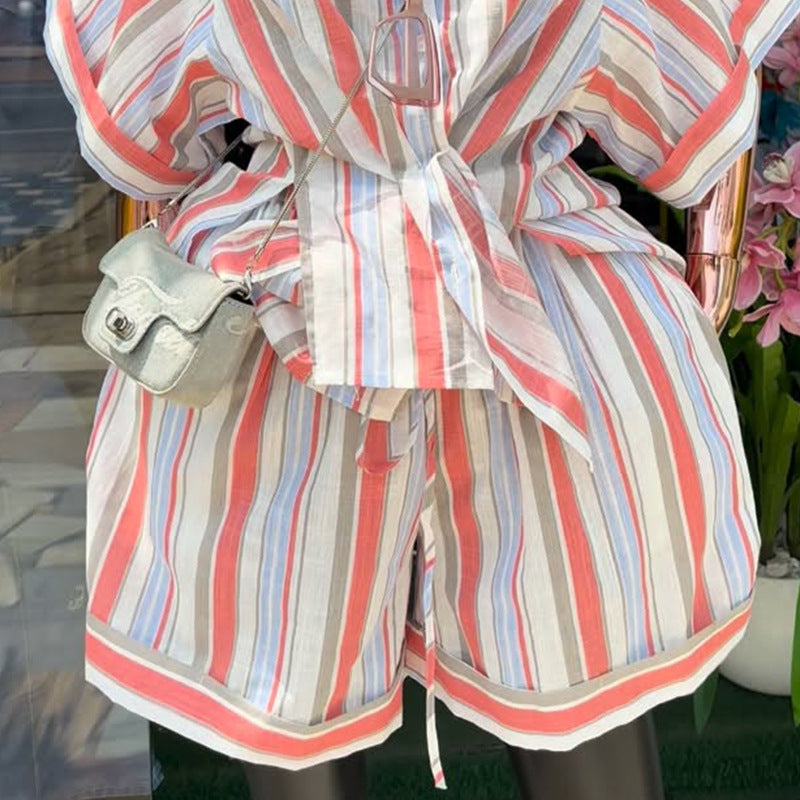 Notch-collar Striped Short-sleeve Shirt And Lace-up Wide-leg Shorts Set