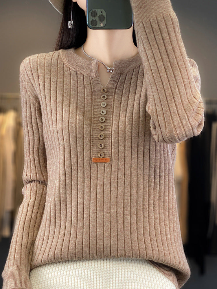 Long Sleeve Round V-neck Sweater Solid Color