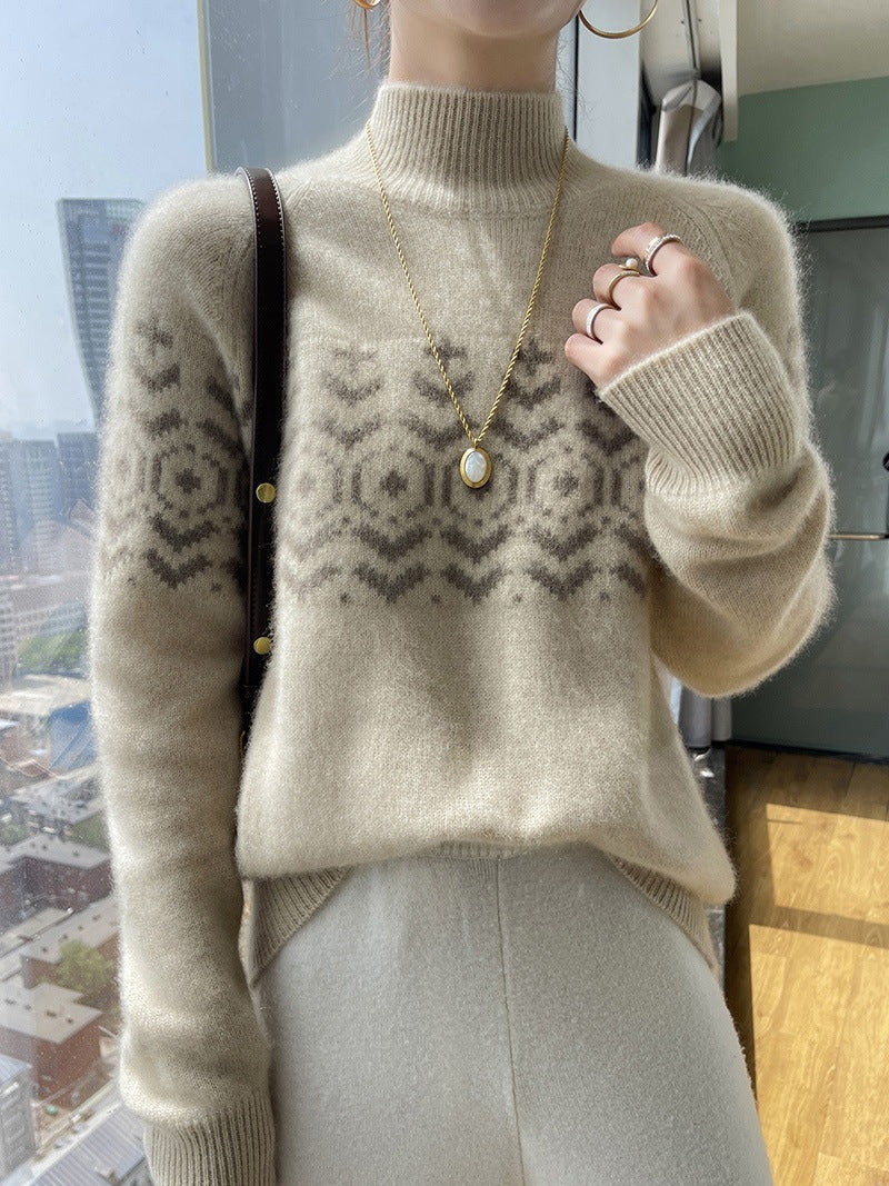 Autumn And Winter New Half Turtleneck Jacquard Thickened Knitting Loose Top