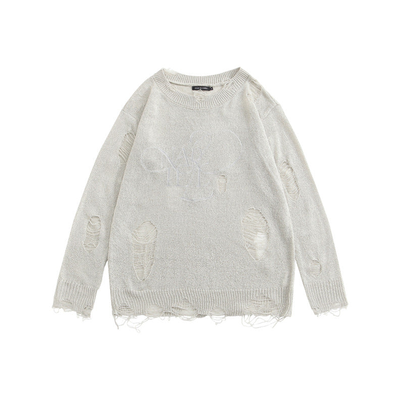Loose Round Neck Thin Ripped Long Sleeves Shirt