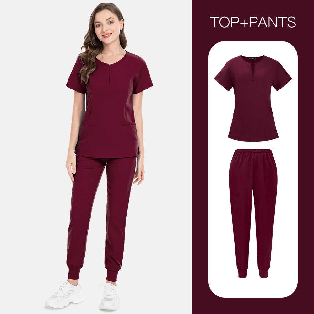 Zip-front Half-zip Collar Scrub Cream Set With Long Pants