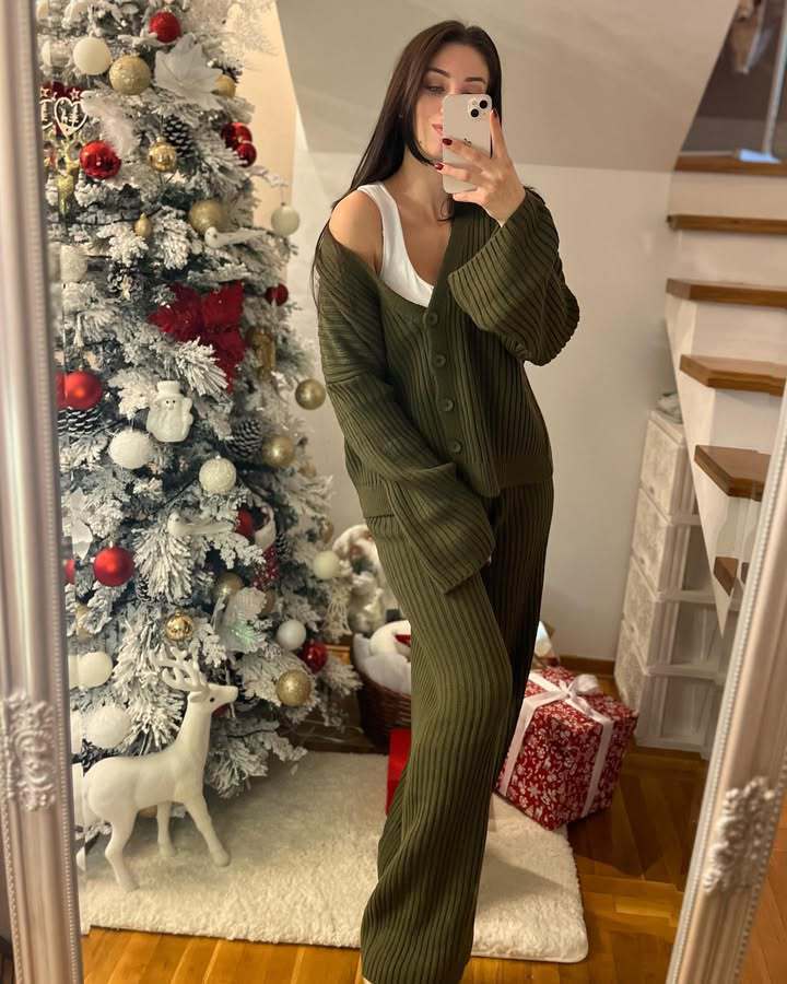 Casual Women's Solid Color Long Sleeve Button Cardigan Sweater Pants Set