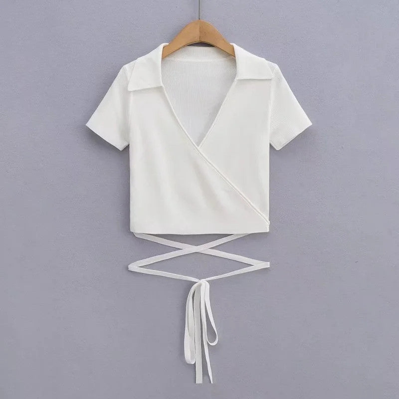 Europe And The United States Pure Desire Wind V-neck Short-sleeved T-shirt Female