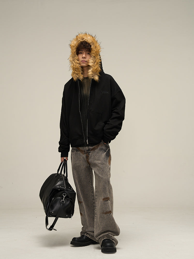 Vintage Fur Collar Couple Hooded Zip-up Jacket