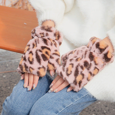 Dame søde leopardprintede fleece-handsker uden fingre