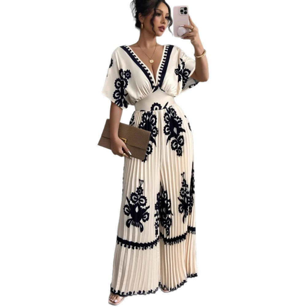 Casual Printed Loose Short-sleeved Jumpsuit
