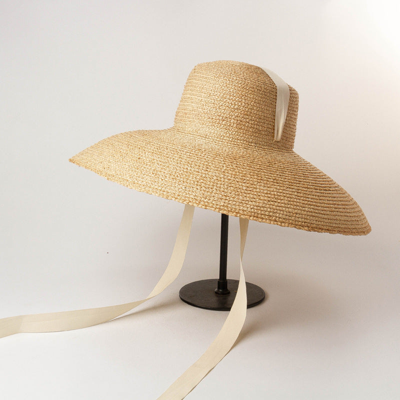 Outdoor Flat-top Curved Hand-woven Raffia Straw Hat