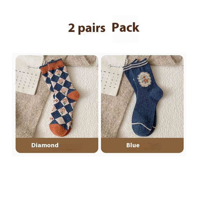 Vintage Small Flower Wool Socks Fleece Lined Padded Warm Keeping Tube Socks
